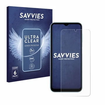Front side of a product packaging with the brand logo Savvies. Next to it is the device Samsung Galaxy M15 shown with the corr