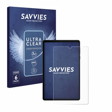 Front side of a product packaging with the brand logo Savvies. Next to it is the device Lenovo Legion Tab shown with the corre