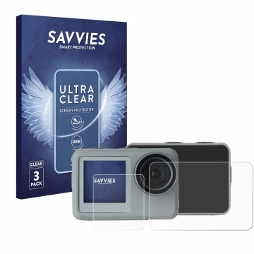 Front side of a product packaging with the brand logo Savvies. Next to it is the device Rollei Actioncam 9s Plus shown with th