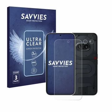 Front side of a product packaging with the brand logo Savvies. Next to it is the device Nothing Phone (2a) (Front+Camera) show