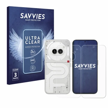 Front side of a product packaging with the brand logo Savvies. Next to it is the device Nothing Phone (2a) (Front+Back) shown 