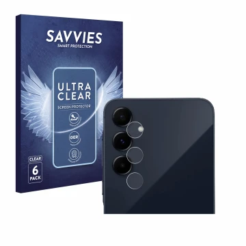 Front side of a product packaging with the brand logo Savvies. Next to it is the device Samsung Galaxy A55 5G (ONLY Camera Len