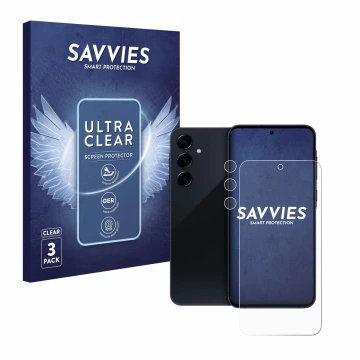 Front side of a product packaging with the brand logo Savvies. Next to it is the device Samsung Galaxy A55 5G (Front+Camera) s