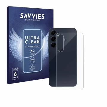 Front side of a product packaging with the brand logo Savvies. Next to it is the device Samsung Galaxy A55 5G (Back) shown wit