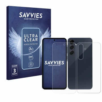 Front side of a product packaging with the brand logo Savvies. Next to it is the device Samsung Galaxy A55 5G (Front+Back) sho