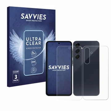 Front side of a product packaging with the brand logo Savvies. Next to it is the device Samsung Galaxy A35 5G (Front+Back) sho
