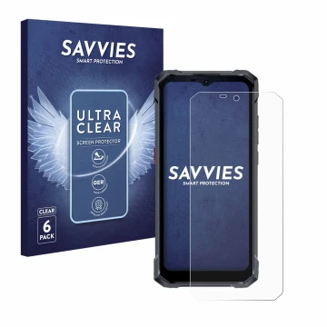 Front side of a product packaging with the brand logo Savvies. Next to it is the device Hotwav W11 shown with the correspondin