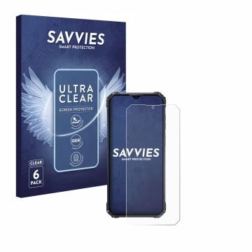 Front side of a product packaging with the brand logo Savvies. Next to it is the device Oukitel WP36 shown with the correspond
