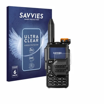 Front side of a product packaging with the brand logo Savvies. Next to it is the device Quansheng UV-K5 shown with the corresp