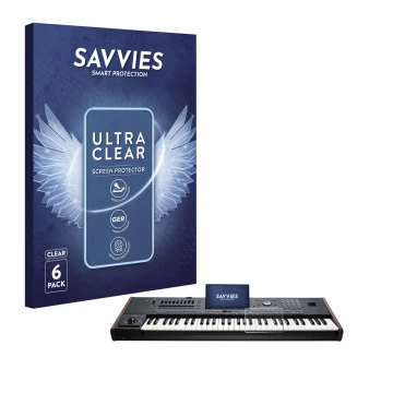 Front side of a product packaging with the brand logo Savvies. Next to it is the device KORG Pa5X shown with the corresponding