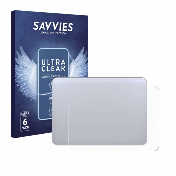 Front side of a product packaging with the brand logo Savvies. Next to it is the device Apple Magic 3 (Touch Trackpad) shown w