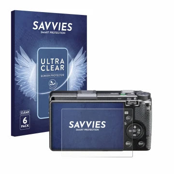 Front side of a product packaging with the brand logo Savvies. Next to it is the device Ricoh GR IIIx HDF shown with the corre