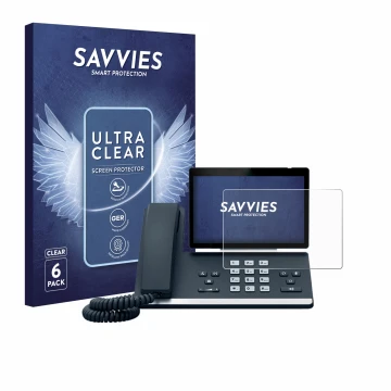 Front side of a product packaging with the brand logo Savvies. Next to it is the device Yealink SIP-T57W shown with the corres