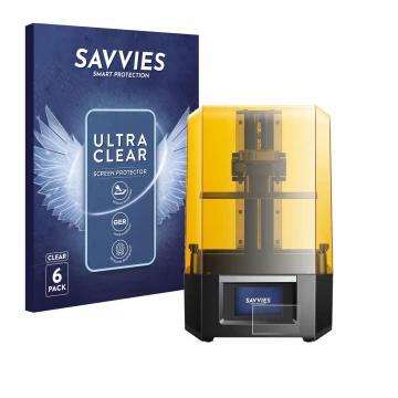 Front side of a product packaging with the brand logo Savvies. Next to it is the device Anycubic Photon Mono M5s shown with th