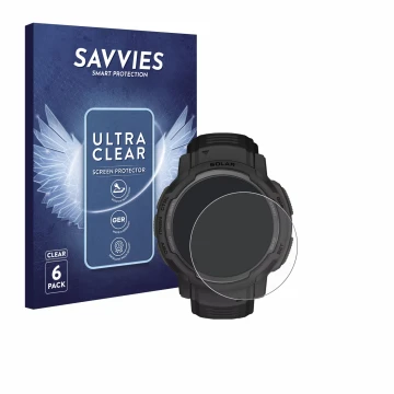 Front side of a product packaging with the brand logo Savvies. Next to it is the device Garmin Instinct Crossover Solar shown 