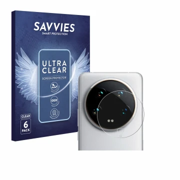 Front side of a product packaging with the brand logo Savvies. Next to it is the device Xiaomi 14 Ultra (ONLY Camera Lens) sho