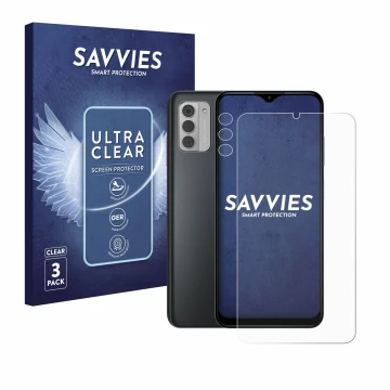 Front side of a product packaging with the brand logo Savvies. Next to it is the device Nokia G42 5G (Front+Camera) shown with