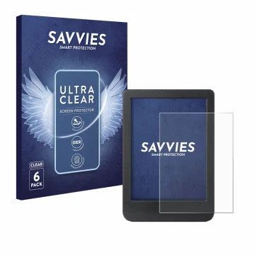 Front side of a product packaging with the brand logo Savvies. Next to it is the device Kobo Clara BW shown with the correspon