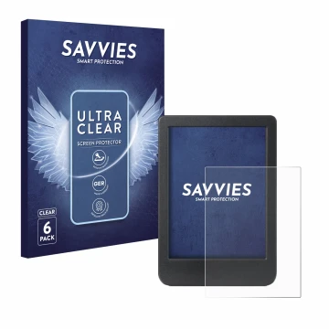 Front side of a product packaging with the brand logo Savvies. Next to it is the device Kobo Clara Colour shown with the corre