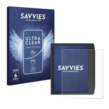 Front side of a product packaging with the brand logo Savvies. Next to it is the device PocketBook Era Color shown with the co