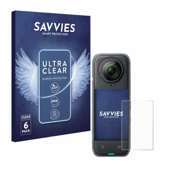Front side of a product packaging with the brand logo Savvies. Next to it is the device Insta360 X4 shown with the correspondi
