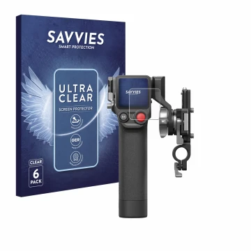 Front side of a product packaging with the brand logo Savvies. Next to it is the device DJI Focus Pro- Grip shown with the cor