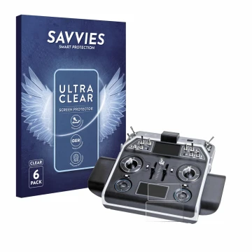Front side of a product packaging with the brand logo Savvies. Next to it is the device Graupner MC-28 shown with the correspo