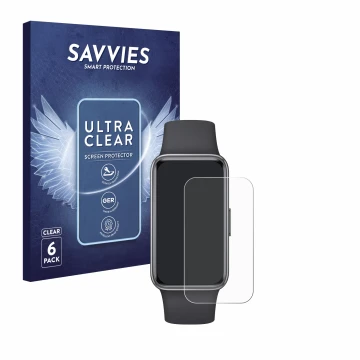 Front side of a product packaging with the brand logo Savvies. Next to it is the device Huawei Band 9 shown with the correspon