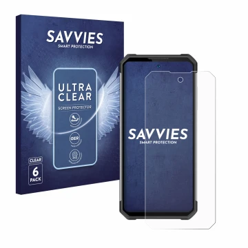 Front side of a product packaging with the brand logo Savvies. Next to it is the device Oukitel WP27 shown with the correspond