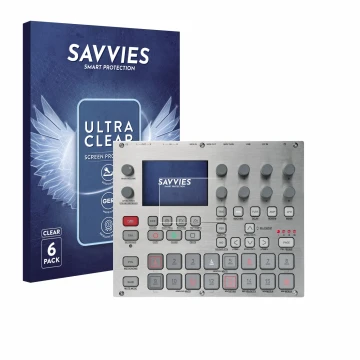 Front side of a product packaging with the brand logo Savvies. Next to it is the device Elektron Syntakt E25 Remix Edition sho