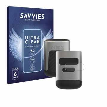 Front side of a product packaging with the brand logo Savvies. Next to it is the device Opticon OPN-6000 (Display) shown with 