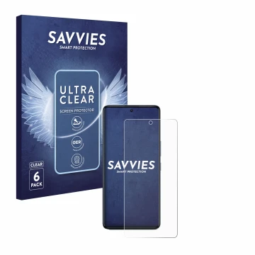 Front side of a product packaging with the brand logo Savvies. Next to it is the device Infinix GT 20 Pro shown with the corre