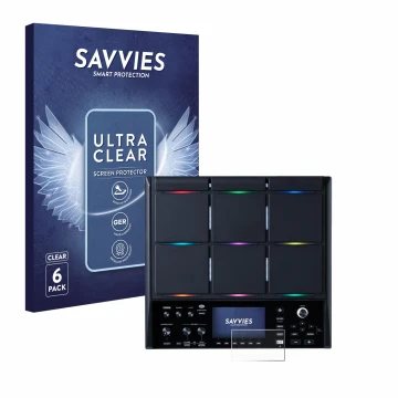 Front side of a product packaging with the brand logo Savvies. Next to it is the device Roland SPD-SX PRO shown with the corre