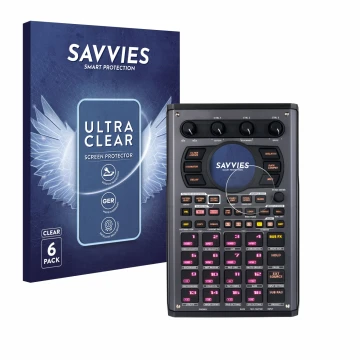 Front side of a product packaging with the brand logo Savvies. Next to it is the device Roland SP-404MKII shown with the corre