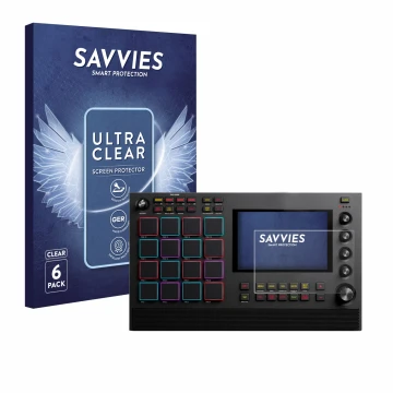 Front side of a product packaging with the brand logo Savvies. Next to it is the device Akai MPC Live II shown with the corres