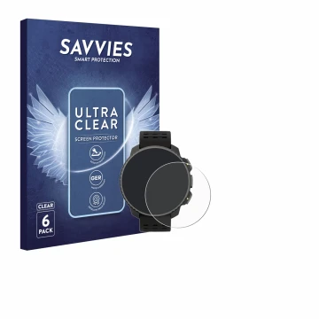 Front side of a product packaging with the brand logo Savvies. Next to it is the device Suunto Vertical Solar shown with the c