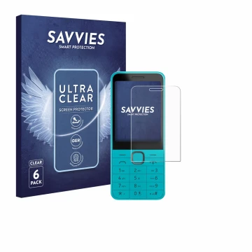Front side of a product packaging with the brand logo Savvies. Next to it is the device Nokia 235 4G (2024) shown with the cor