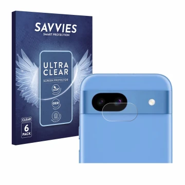 Front side of a product packaging with the brand logo Savvies. Next to it is the device Google Pixel 8a (ONLY Camera Lens) sho