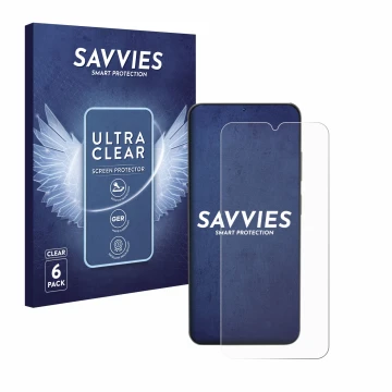 Front side of a product packaging with the brand logo Savvies. Next to it is the device Doogee N55 shown with the correspondin