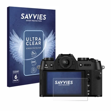 Front side of a product packaging with the brand logo Savvies. Next to it is the device Fujifilm X-T50 shown with the correspo