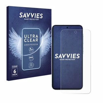 Front side of a product packaging with the brand logo Savvies. Next to it is the device Samsung Galaxy M35 shown with the corr