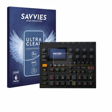 Front side of a product packaging with the brand logo Savvies. Next to it is the device Elektron Digitakt II shown with the co