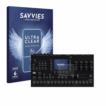 Front side of a product packaging with the brand logo Savvies. Next to it is the device Elektron Octatrack MKII shown with the