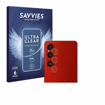 Front side of a product packaging with the brand logo Savvies. Next to it is the device Sony Xperia 1 VI (ONLY Camera Lens) sh