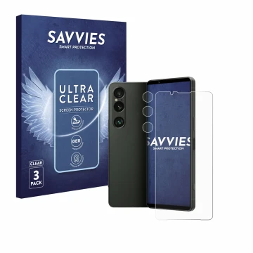 Front side of a product packaging with the brand logo Savvies. Next to it is the device Sony Xperia 1 VI (Front+Camera) shown 