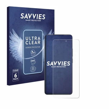 Front side of a product packaging with the brand logo Savvies. Next to it is the device Xiaomi Poco F6 Pro shown with the corr