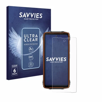 Front side of a product packaging with the brand logo Savvies. Next to it is the device Blackview Oscal Pilot 2 shown with the