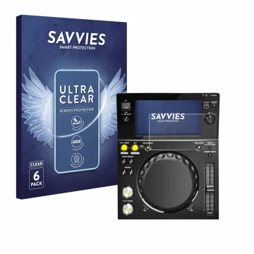 Front side of a product packaging with the brand logo Savvies. Next to it is the device Pioneer XDJ -700 shown with the corres