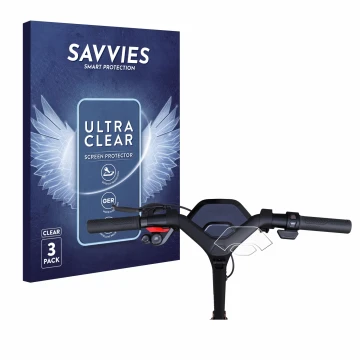 Front side of a product packaging with the brand logo Savvies. Next to it is the device Segway Ninebot P65D shown with the cor