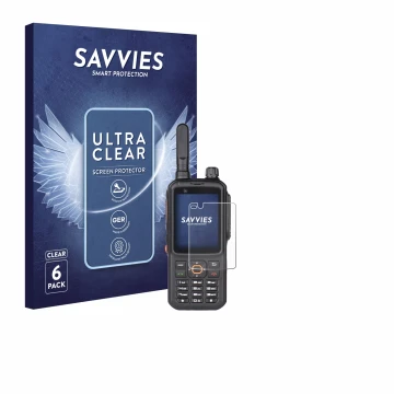 Front side of a product packaging with the brand logo Savvies. Next to it is the device Inrico T320 shown with the correspondi